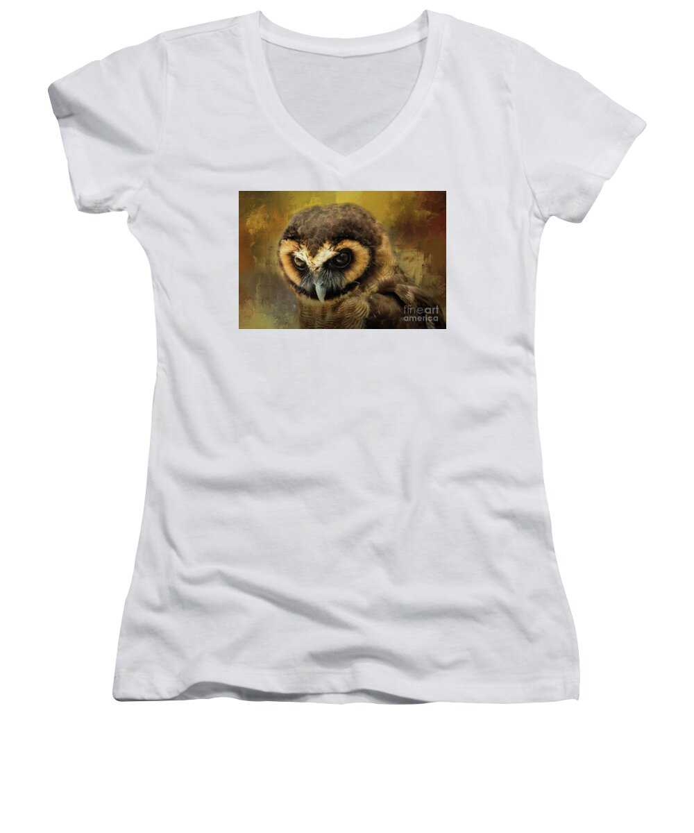 Brown Wood Owl Women's V-Neck featuring the photograph Brown Wood Owl by Eva Lechner