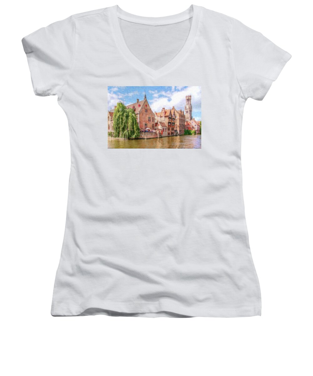Cityscape Women's V-Neck featuring the painting Bruges Canal Belgium DWP-2611575 by Dean Wittle