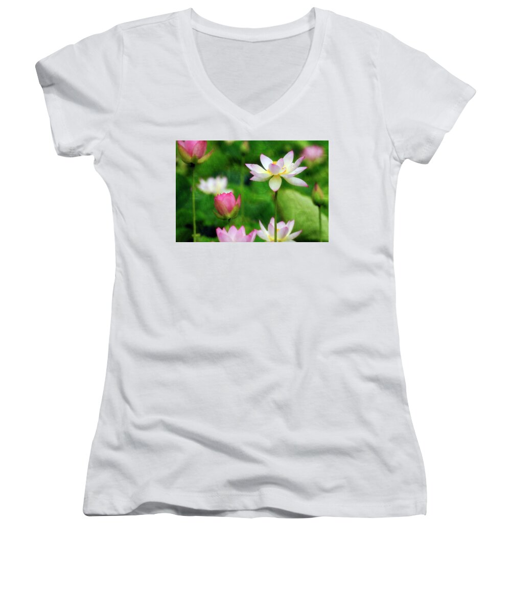Lotus Women's V-Neck featuring the photograph Brushed Lotus by Edward Kreis