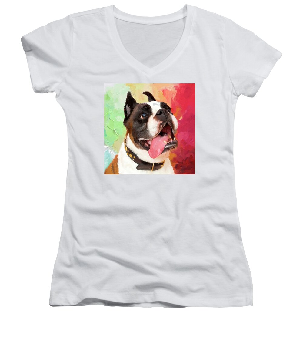 Bulldog Women's V-Neck featuring the painting Bulldog by Portraits By NC