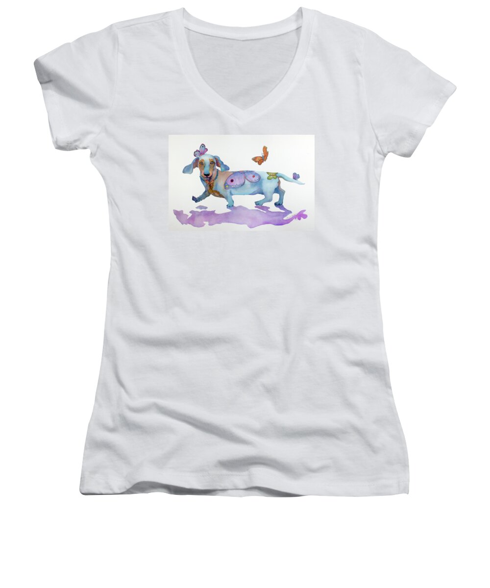 Dachshund Women's V-Neck featuring the painting Butterfly Doxie Doo by Marcia Baldwin