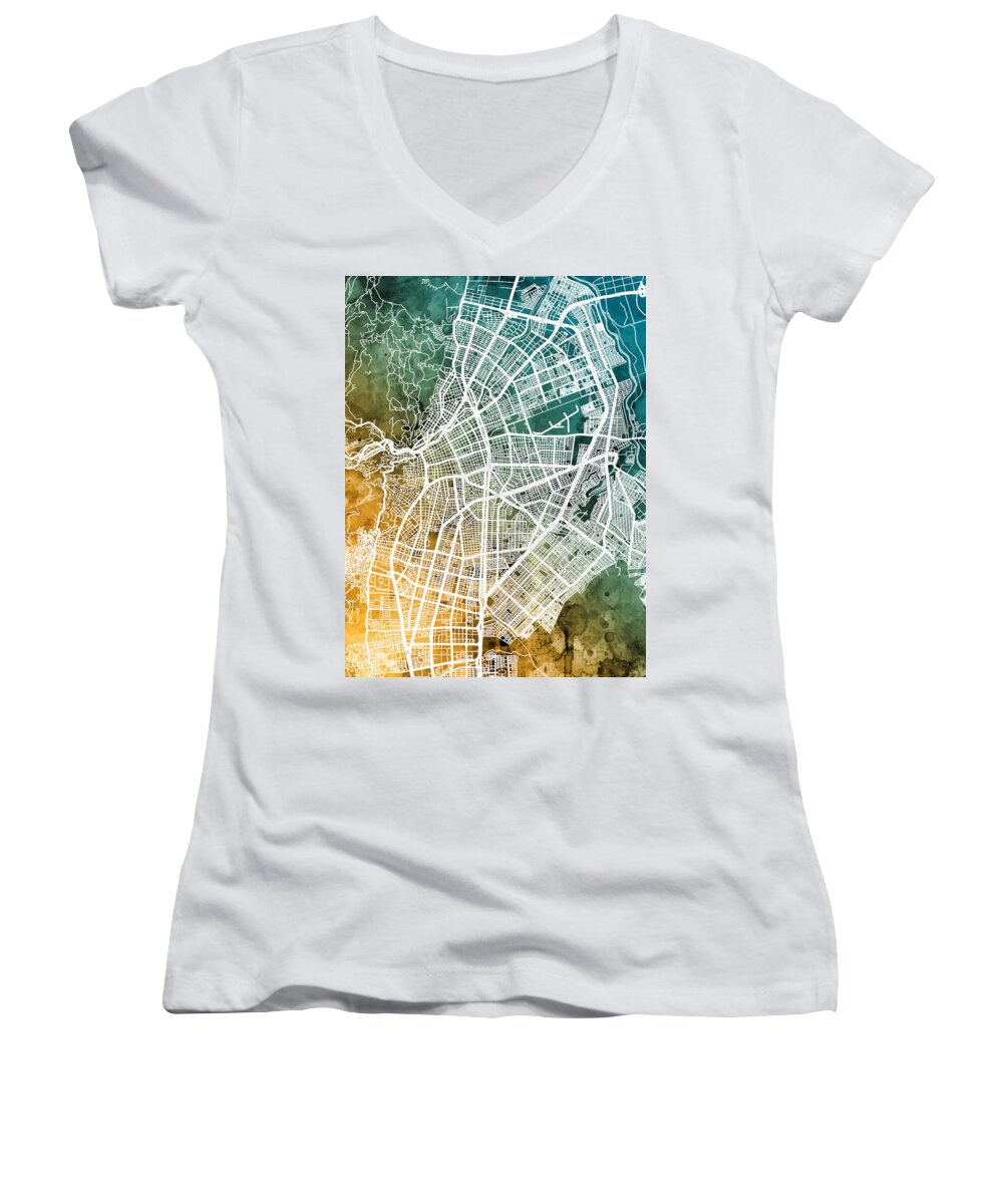 Cali Women's V-Neck featuring the digital art Cali Colombia City Map by Michael Tompsett