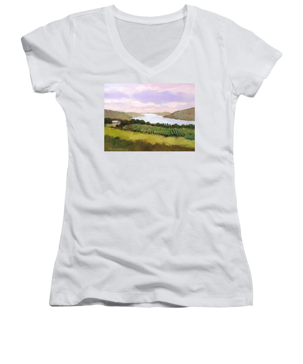 Lake Women's V-Neck featuring the painting Canandaigua Lake by J Reifsnyder