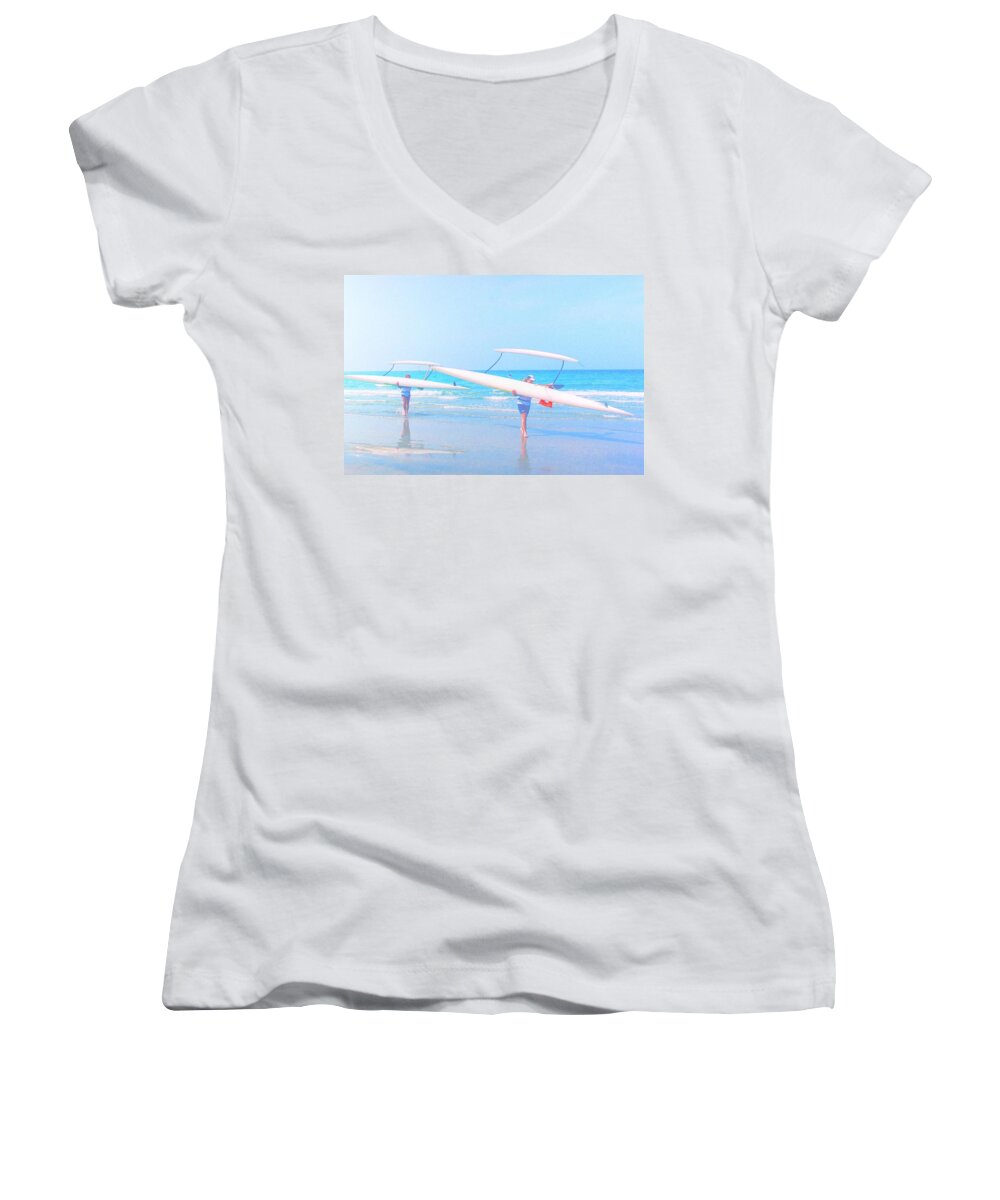 Canoes Women's V-Neck featuring the photograph Canoe Ladies by Richard Omura