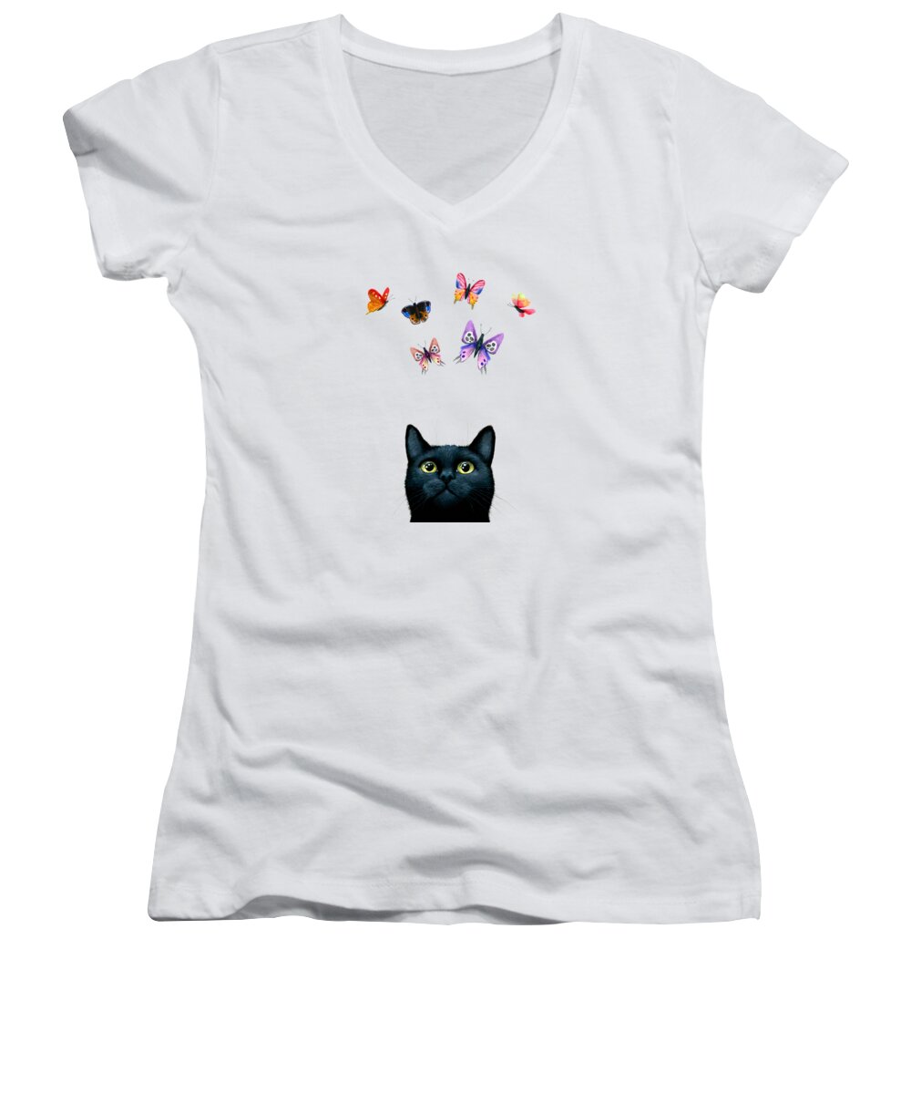 Cat Women's V-Neck featuring the painting Cat 606 by Lucie Dumas