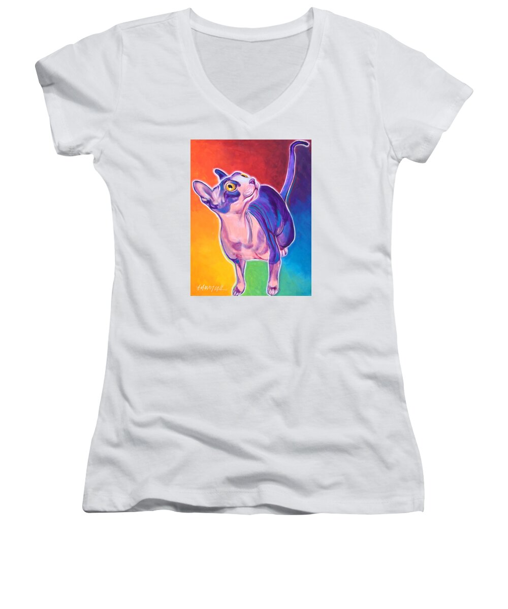 Sphynx Women's V-Neck featuring the painting Cat - Bree by Dawg Painter
