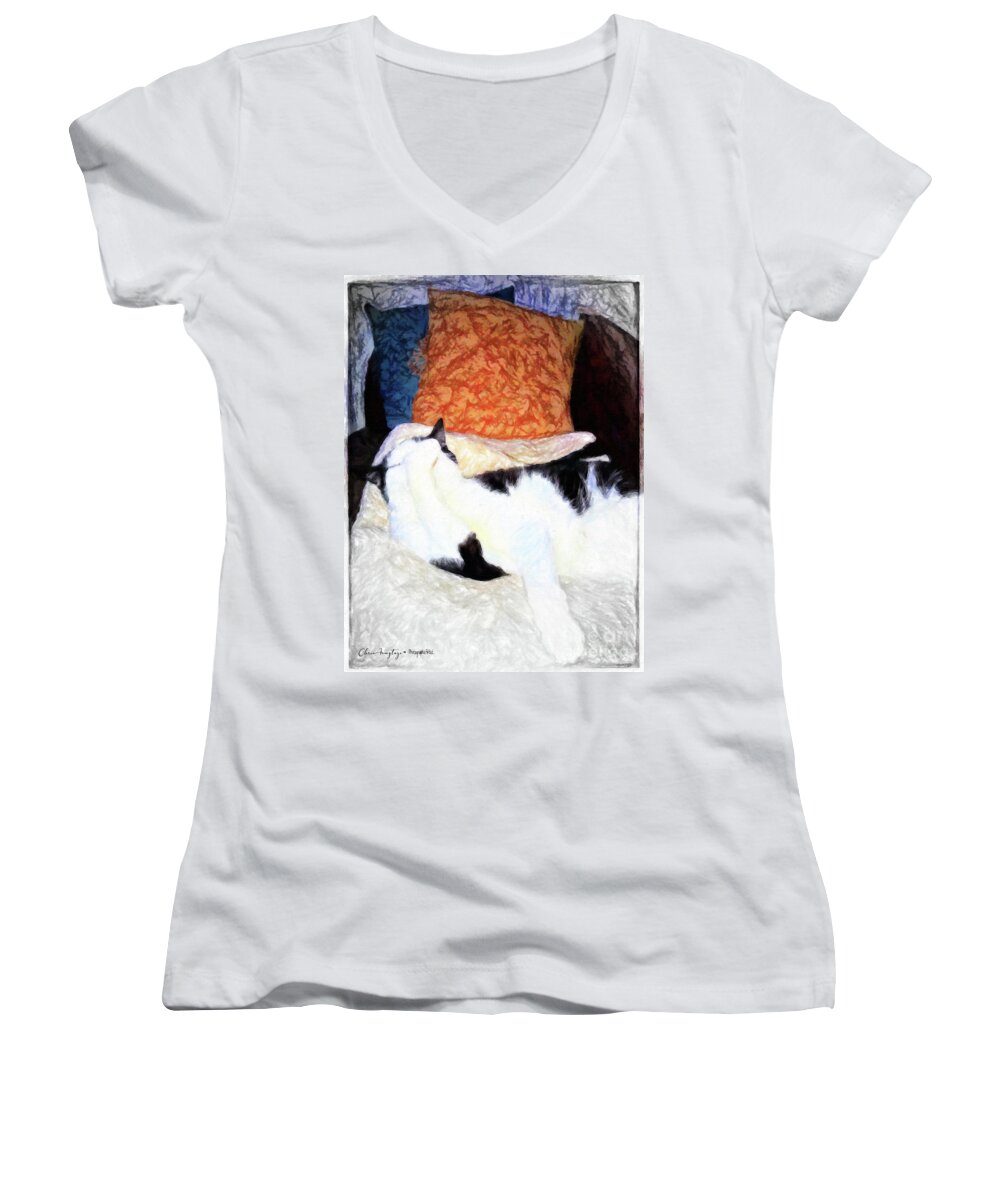 Abstract Women's V-Neck featuring the painting Cat Nap - Zen and the art of Washing by Chris Armytage