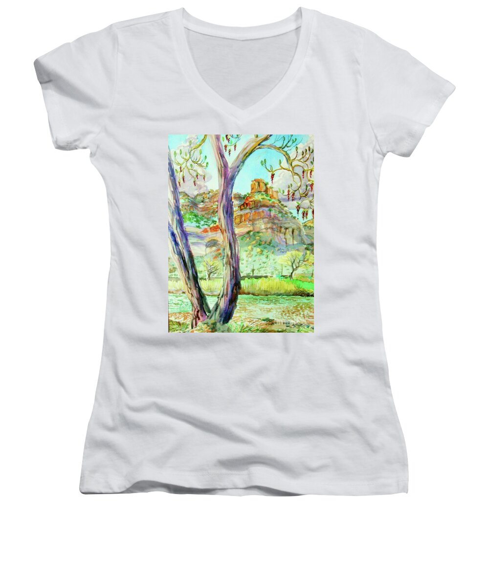 Plein Air Watercolor Of Catkins On Cottonwood Tree Close To The Colorado River Women's V-Neck featuring the digital art Catkins in the spring by Annie Gibbons