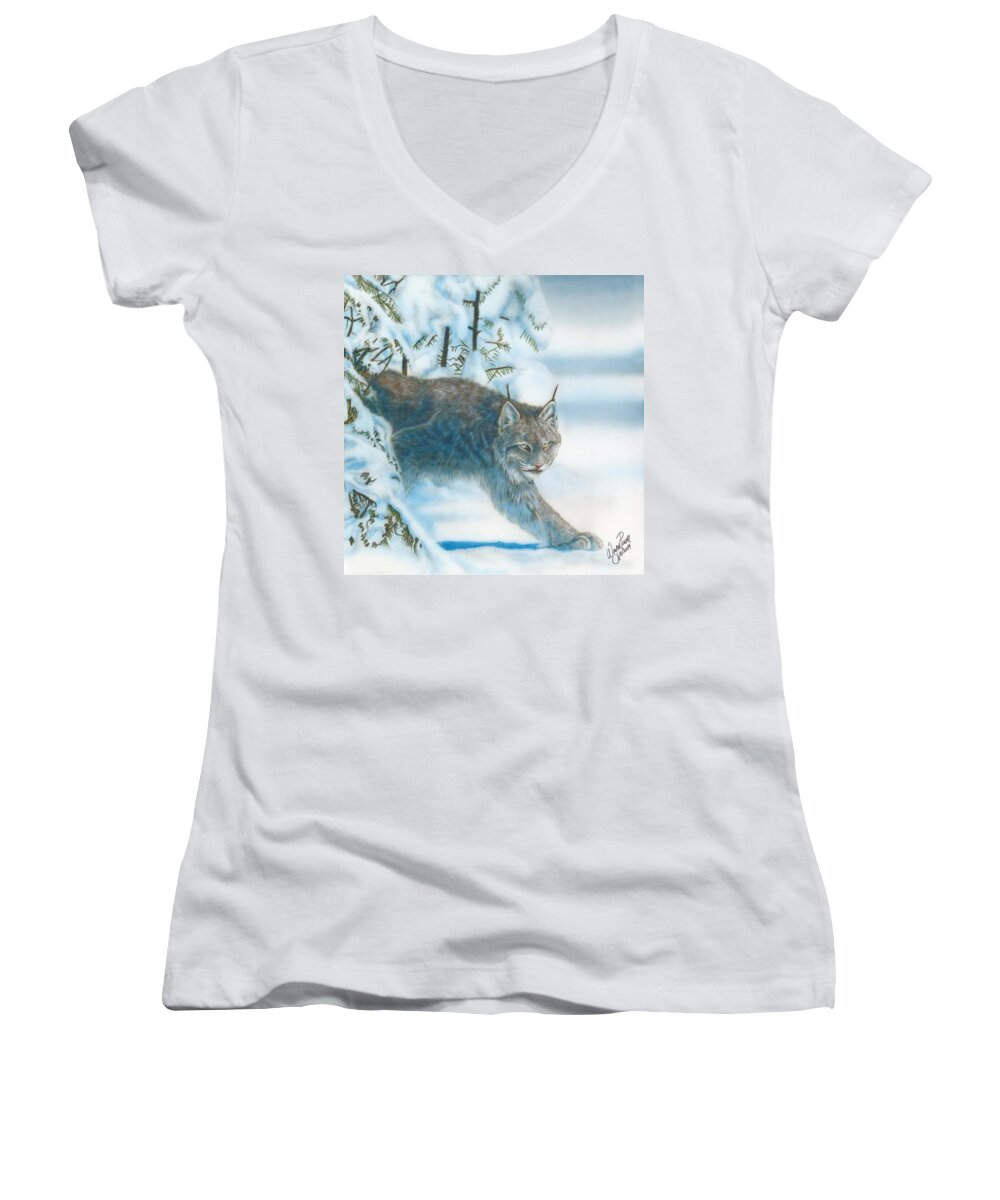 North Dakota Artist Women's V-Neck featuring the painting Caught In The Open by Wayne Pruse