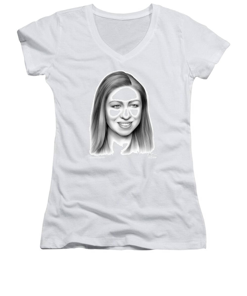 Chelsea Clinton Women's V-Neck featuring the drawing Chelsea Clinton by Greg Joens