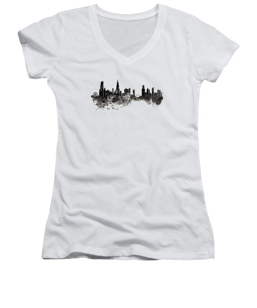 Marian Voicu Women's V-Neck featuring the painting Chicago Skyline Black and White by Marian Voicu