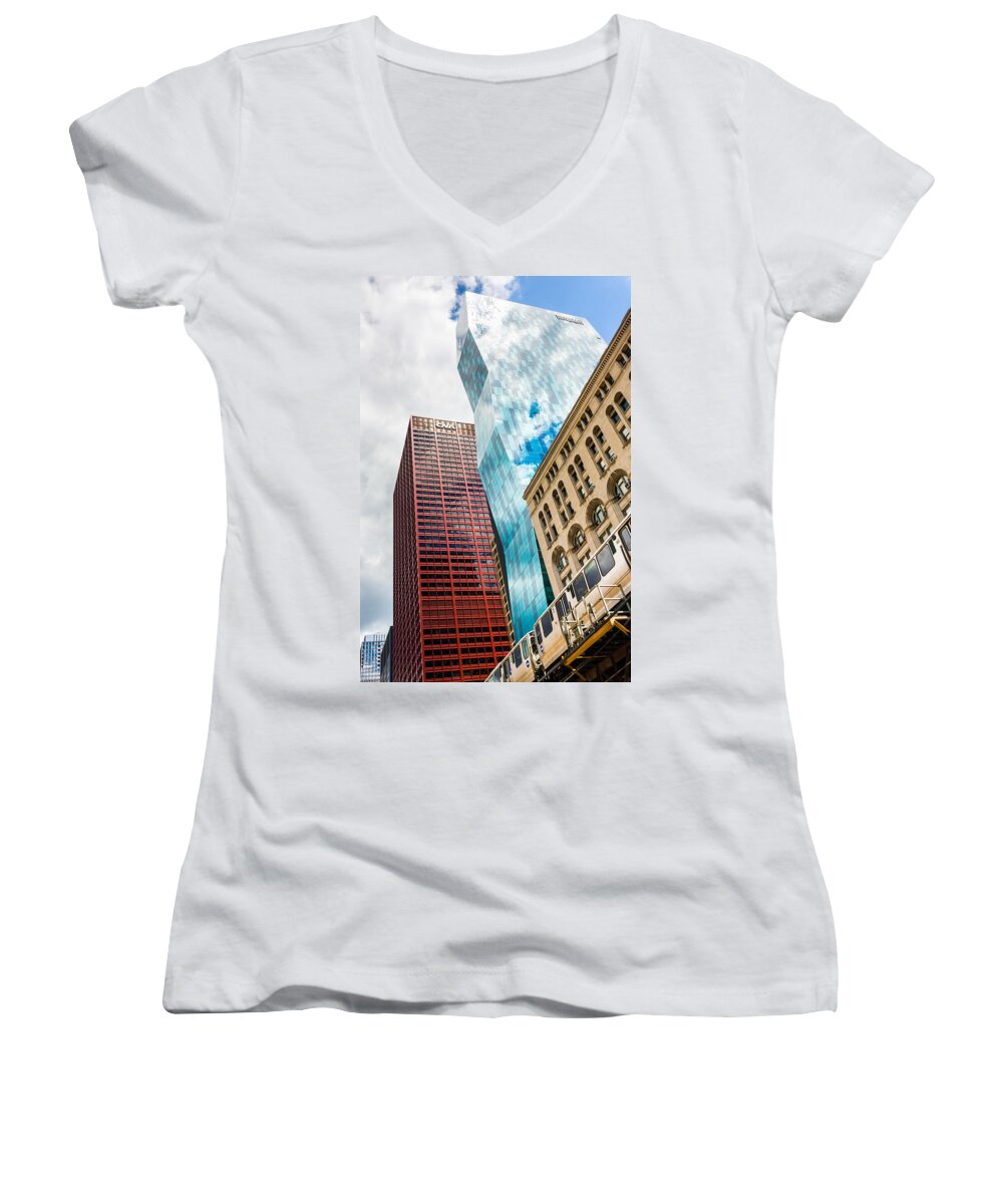 Blue Women's V-Neck featuring the photograph Chicago's South Wabash Avenue by Semmick Photo