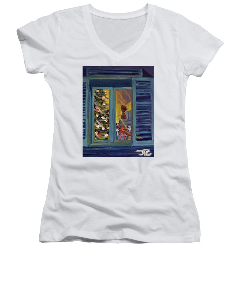 Windows Women's V-Neck featuring the painting Christmas 2016 by Julie Todd-Cundiff