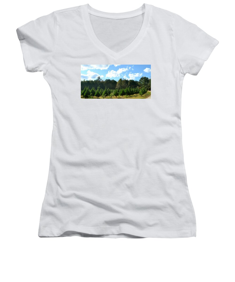 Christmas Women's V-Neck featuring the photograph Christmas Tree Farm by Eileen Brymer
