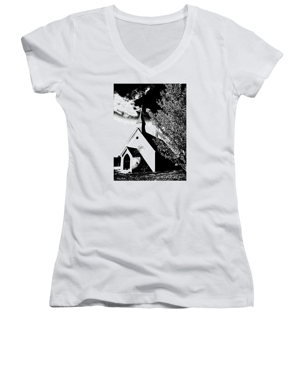 Building Women's V-Neck featuring the photograph Church in Shadows by Harry Moulton