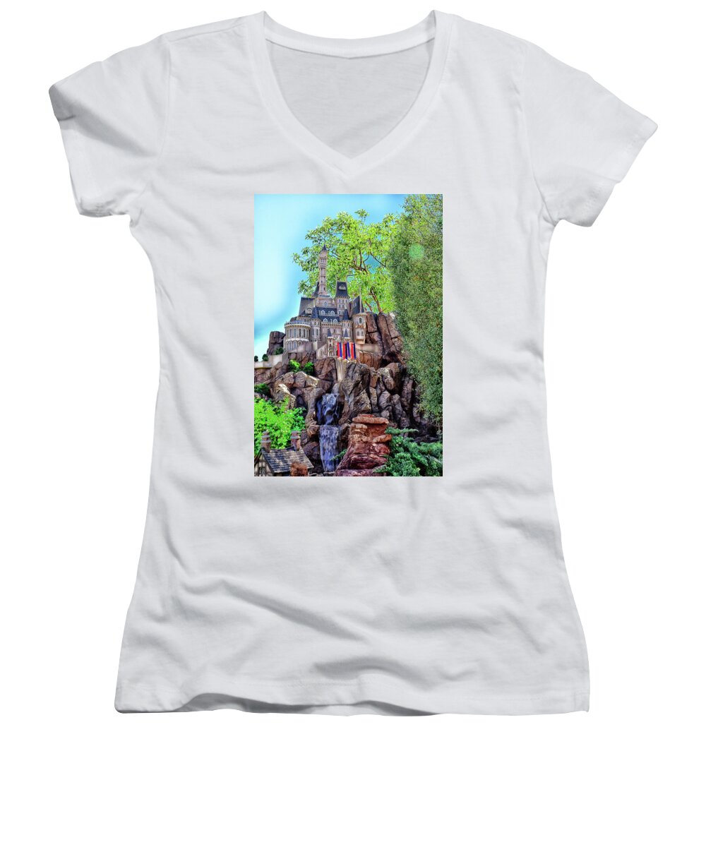 Linda Brody Women's V-Neck featuring the digital art Cinderella's Castle 4 Painterly by Linda Brody
