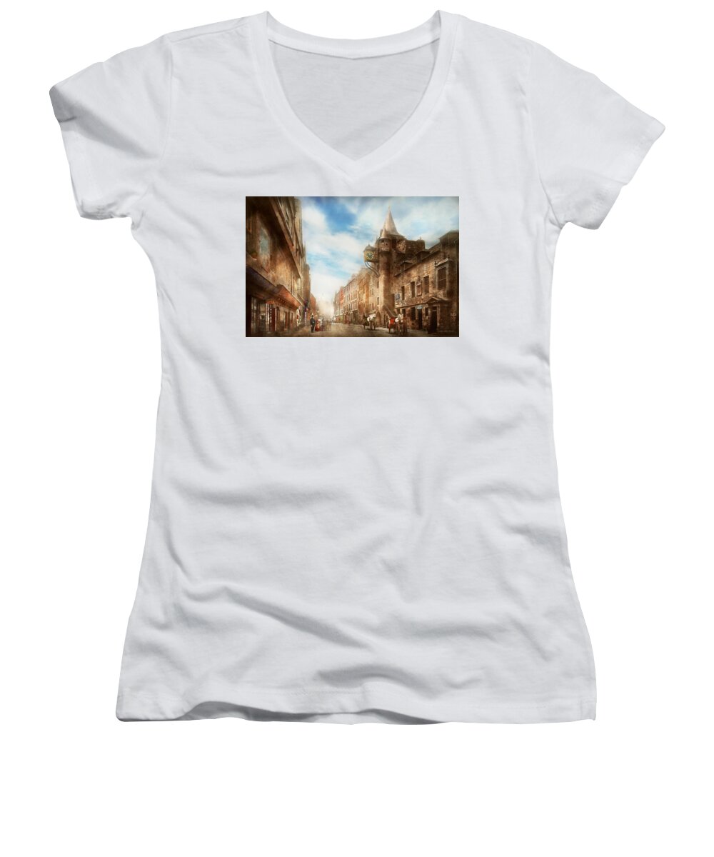 Edinburgh Women's V-Neck featuring the photograph City - Scotland - Tolbooth operator 1865 by Mike Savad