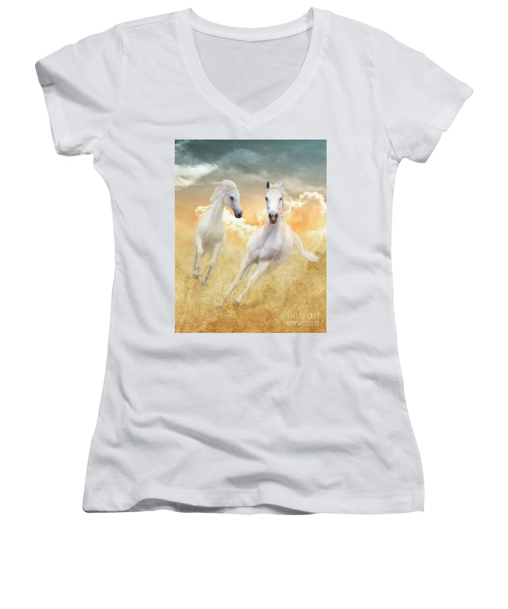 White Horses Women's V-Neck featuring the photograph Cloud Runners by Melinda Hughes-Berland