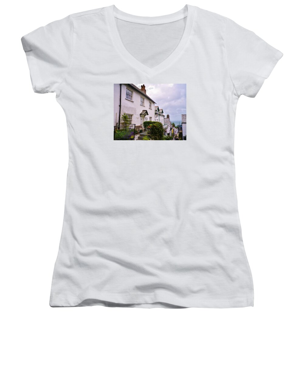 Clovelly Women's V-Neck featuring the photograph Clovelly Street View by Richard Brookes