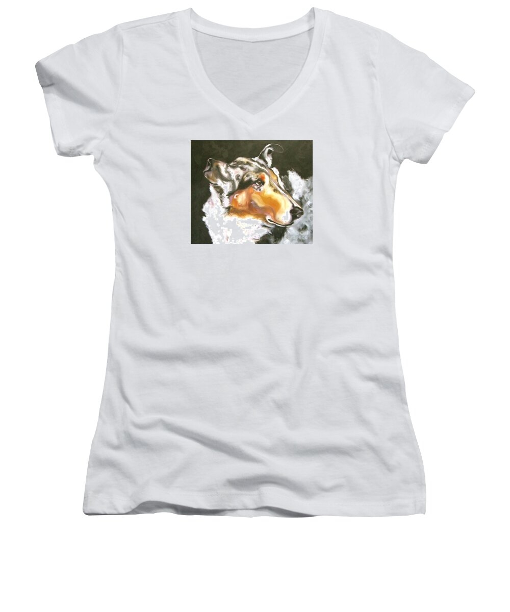 Collie Women's V-Neck featuring the painting Collie Merle Smooth 2 by Susan A Becker