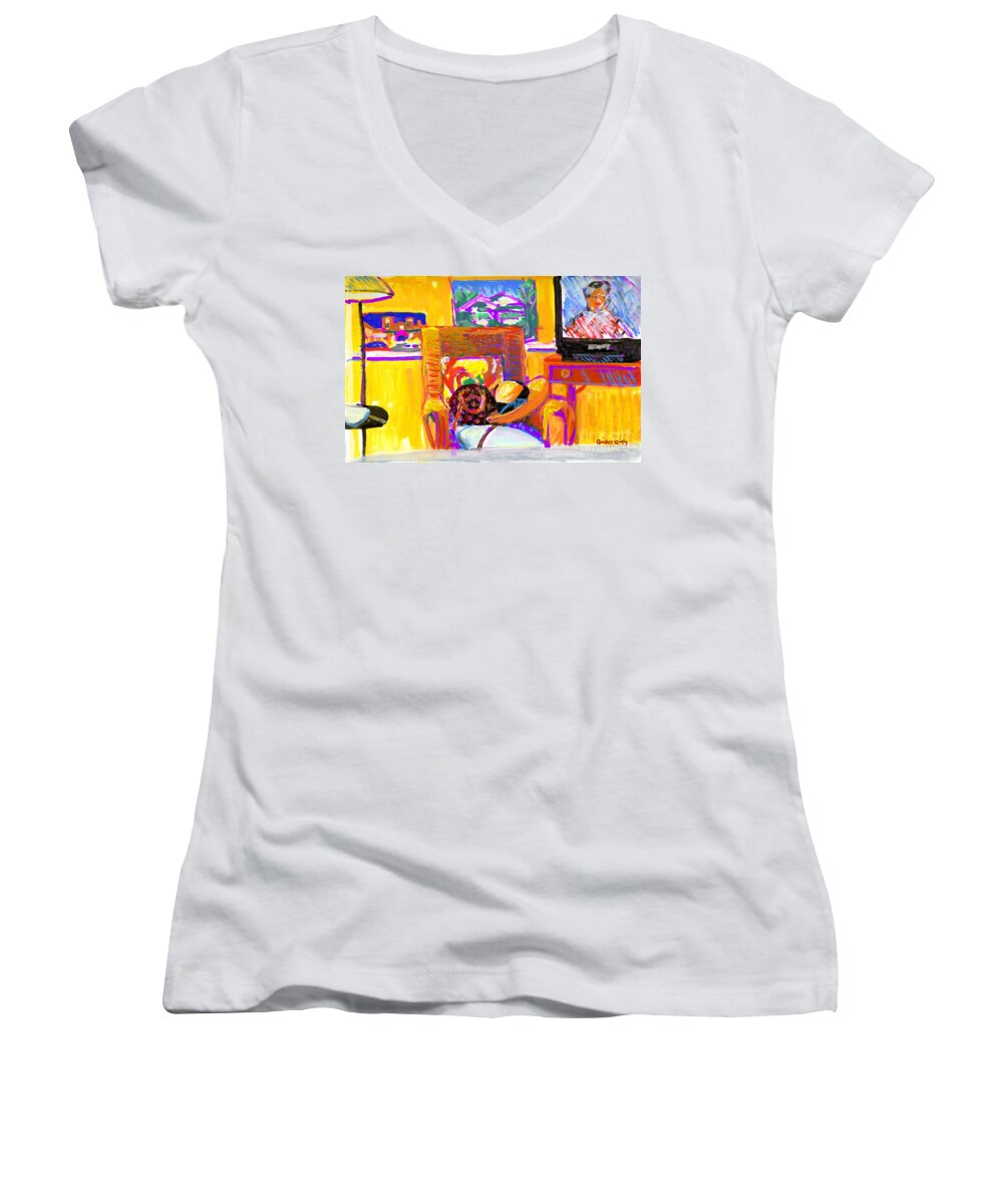 Tv Women's V-Neck featuring the painting Colony Room with TV by Candace Lovely