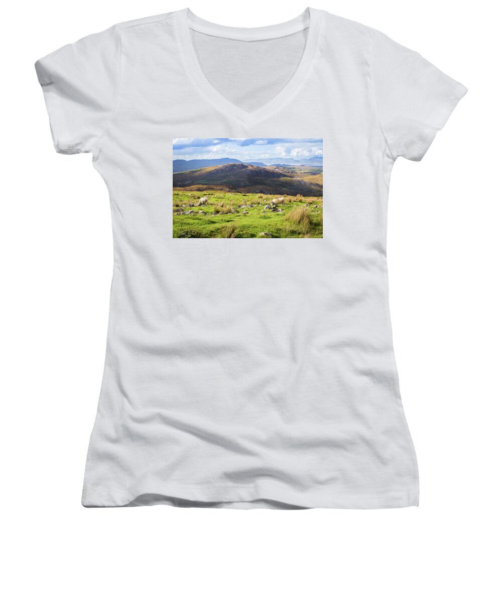 Blue Women's V-Neck featuring the photograph Colourful undulating Irish landscape in Kerry with grazing sheep by Semmick Photo