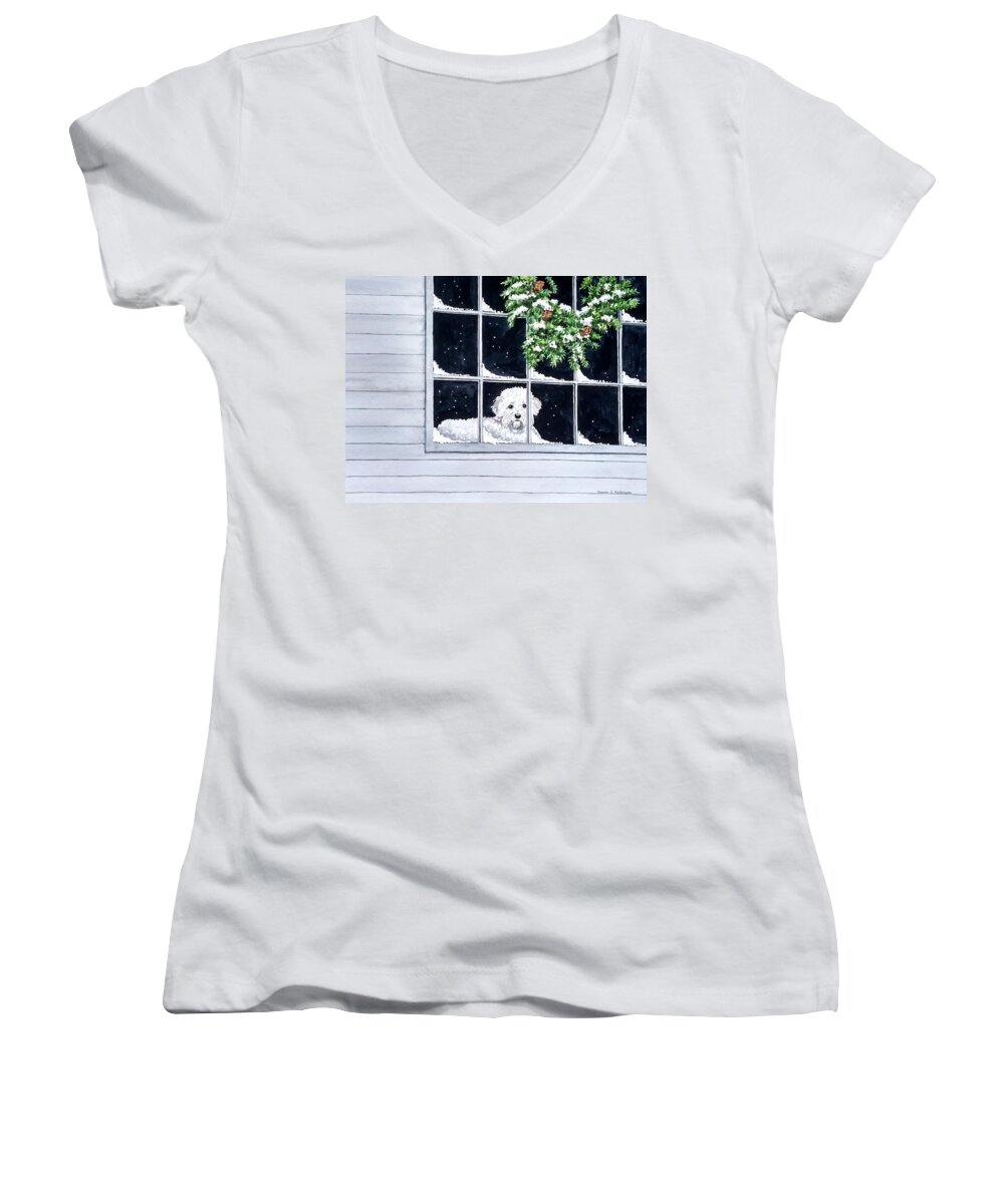 Puppy Women's V-Neck featuring the painting Coming Back Soon? by Laurie Anderson