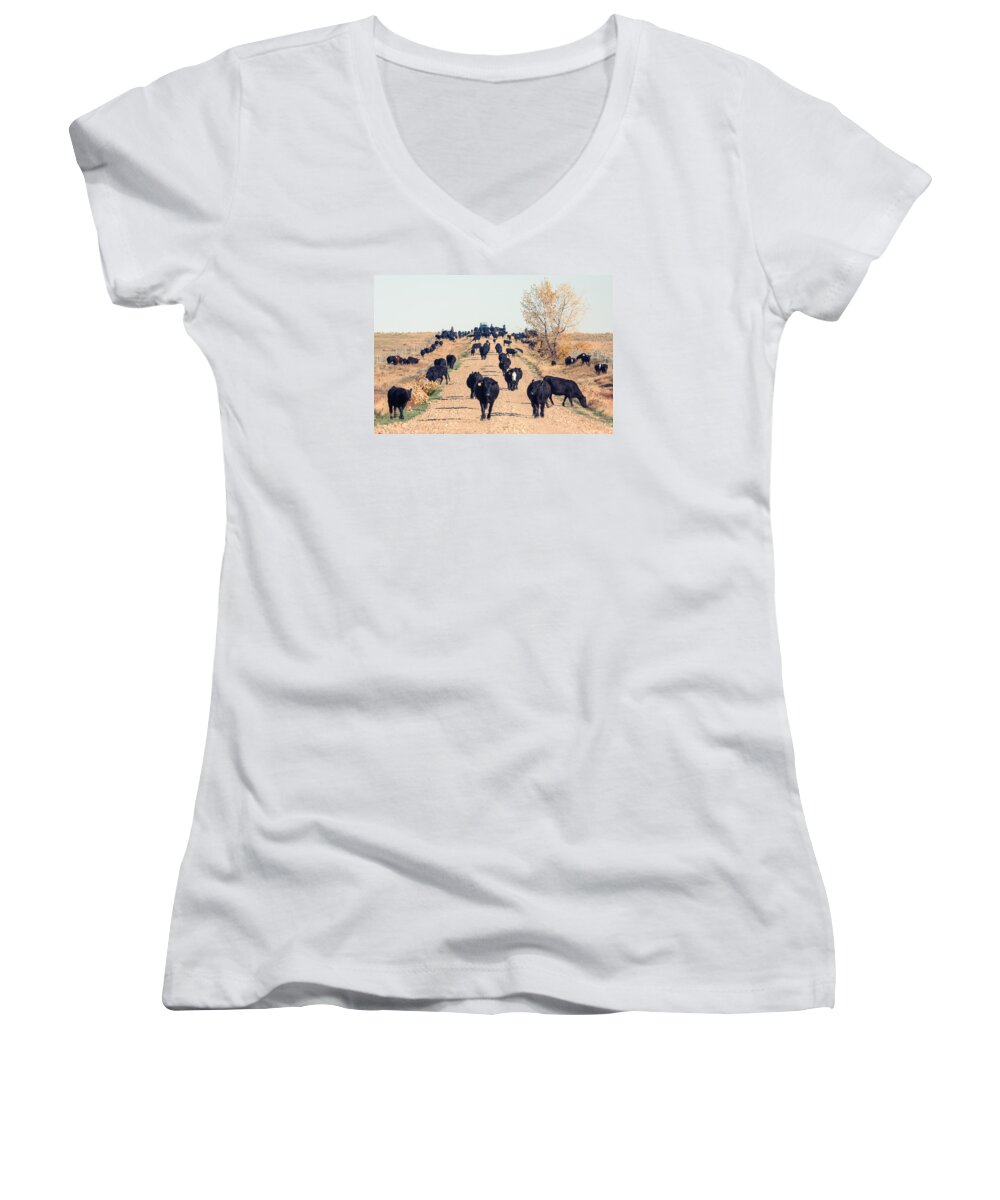 Black Angus Women's V-Neck featuring the photograph Coming Down the Road by Todd Klassy