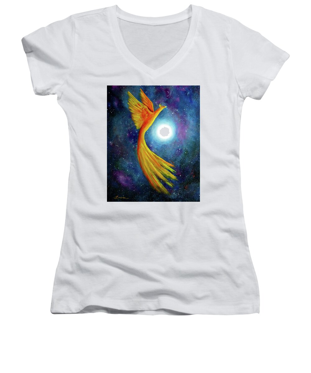 Zenbreeze Women's V-Neck featuring the painting Cosmic Phoenix Rising by Laura Iverson