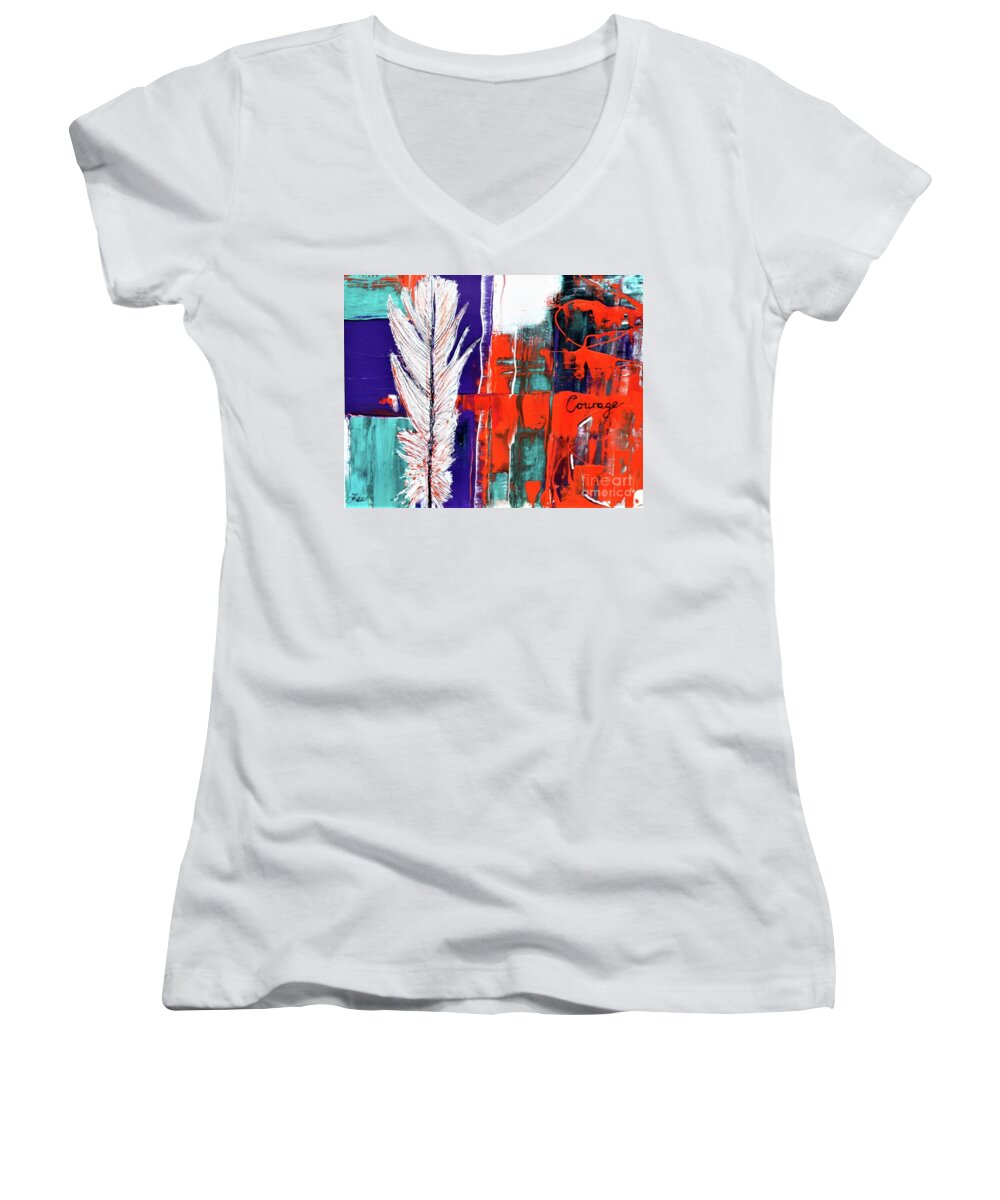 Word Art Women's V-Neck featuring the painting Courage by Tracey Lee Cassin