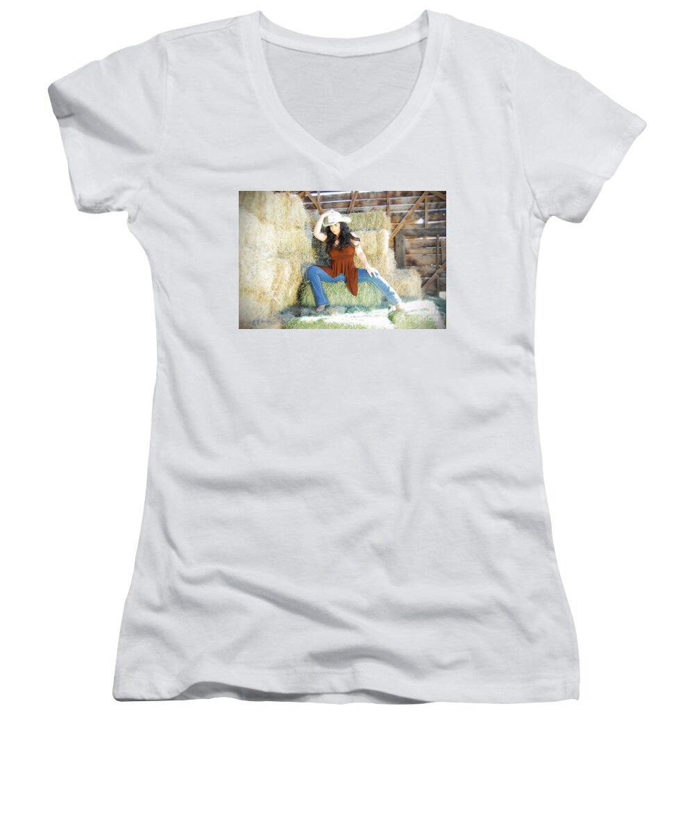 Glamour Photographs Women's V-Neck featuring the photograph Cowgirl by Robert WK Clark