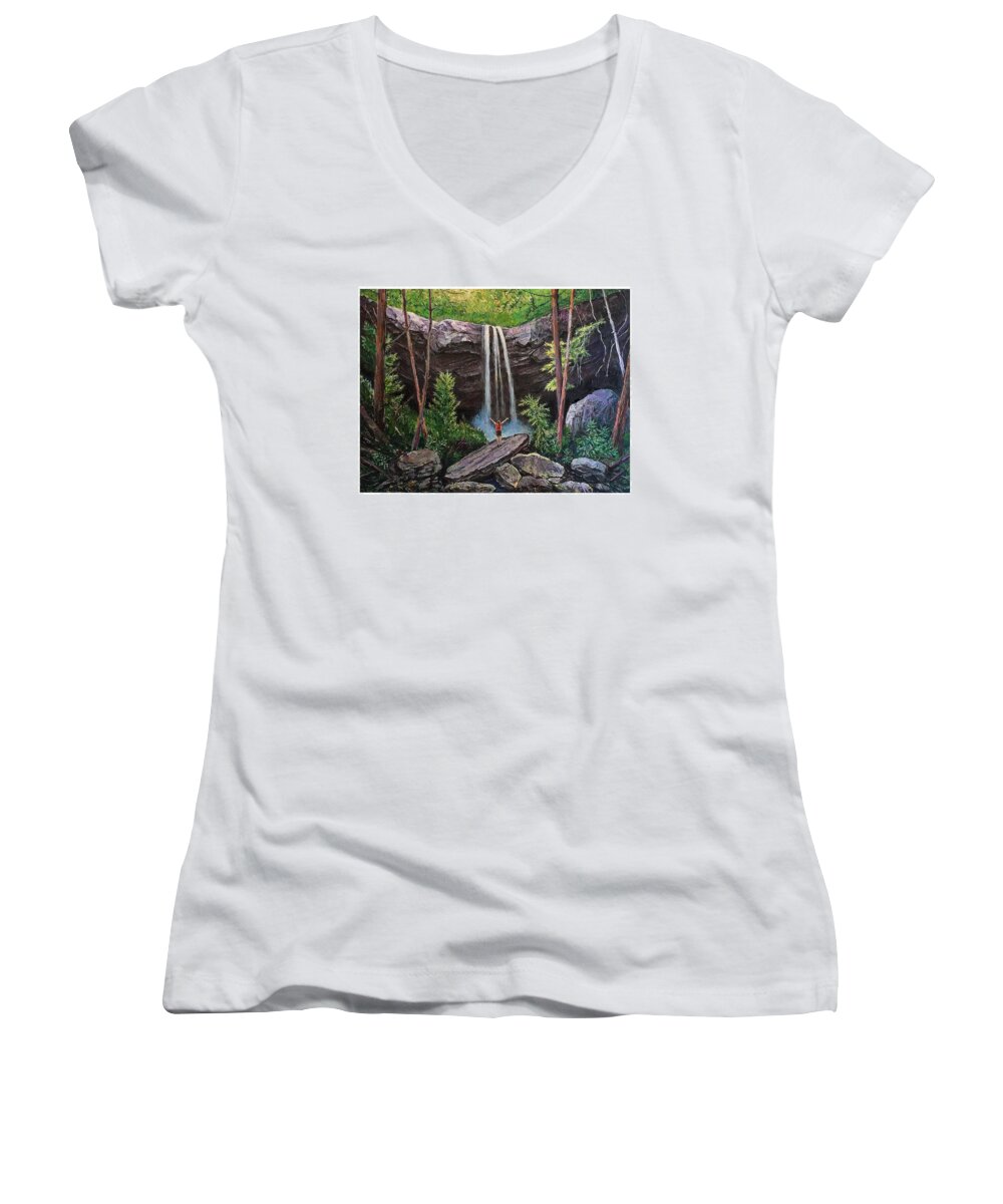 Cucumber Falls Women's V-Neck featuring the painting Cucumber Falls by Frank Harris