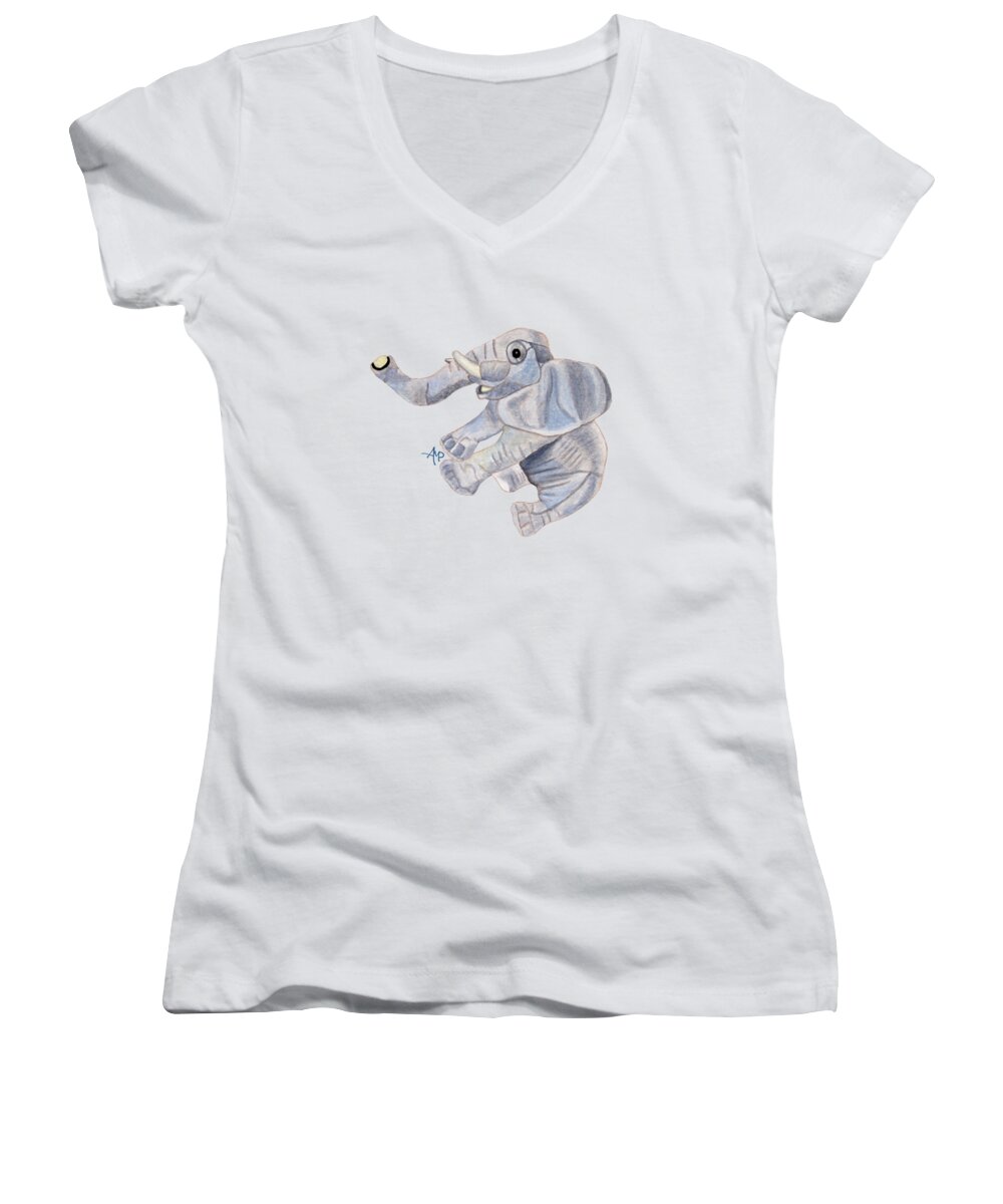 Elephant Women's V-Neck featuring the painting Cuddly Elephant III by Angeles M Pomata