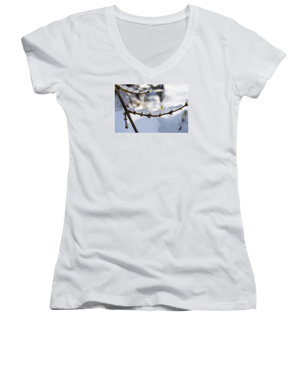 Snow Women's V-Neck featuring the photograph Curved Clumps of Ice by Deborah Smolinske