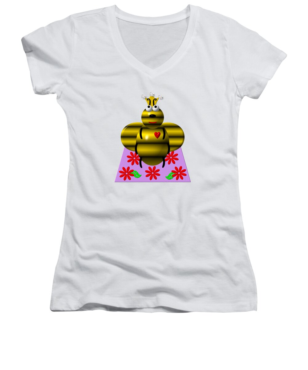 Queen Bees Women's V-Neck featuring the digital art Cute Queen Bee on a Quilt by Rose Santuci-Sofranko