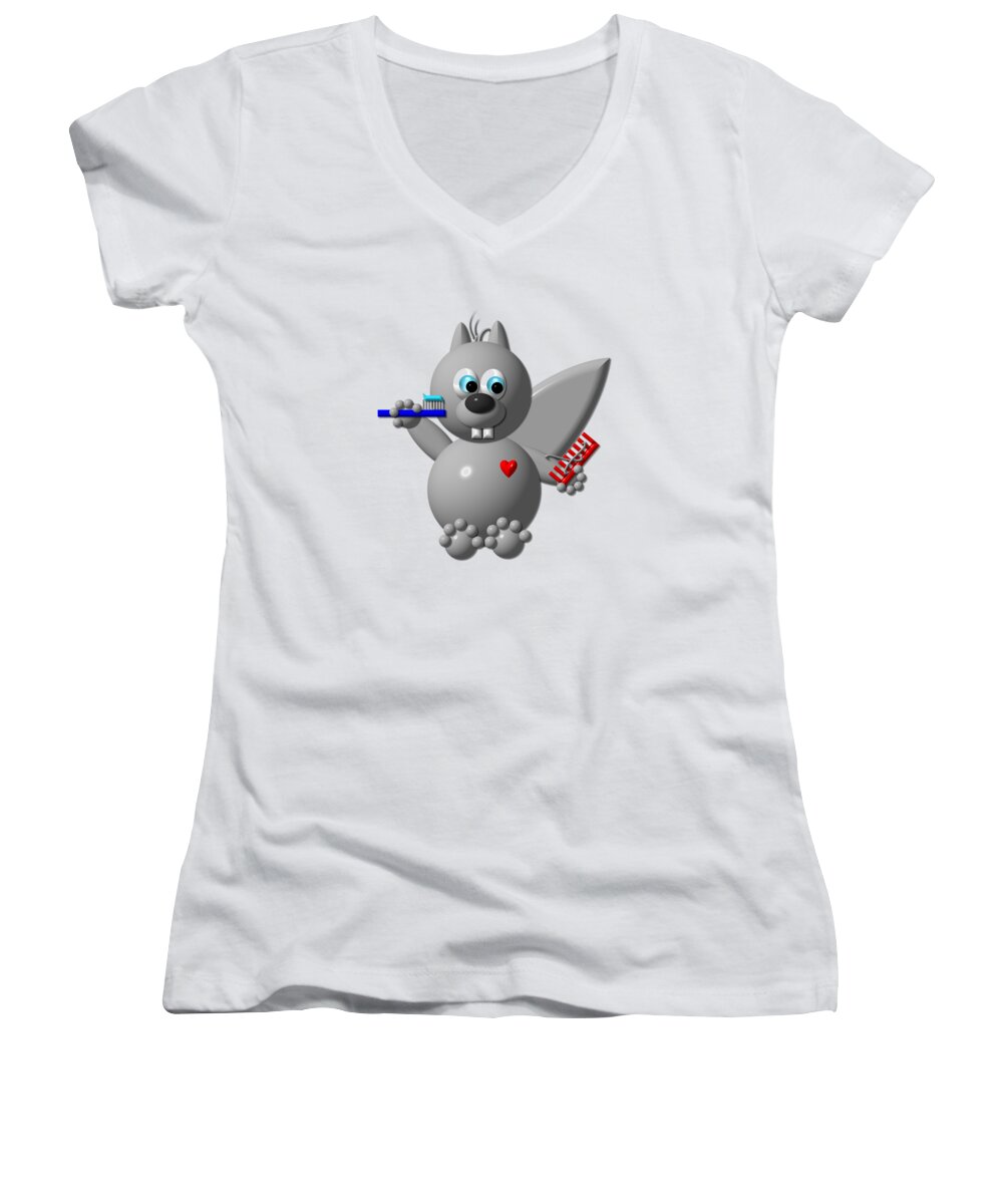 Squirrels Women's V-Neck featuring the digital art Cute Squirrel brushing it's Hair and Teeth by Rose Santuci-Sofranko