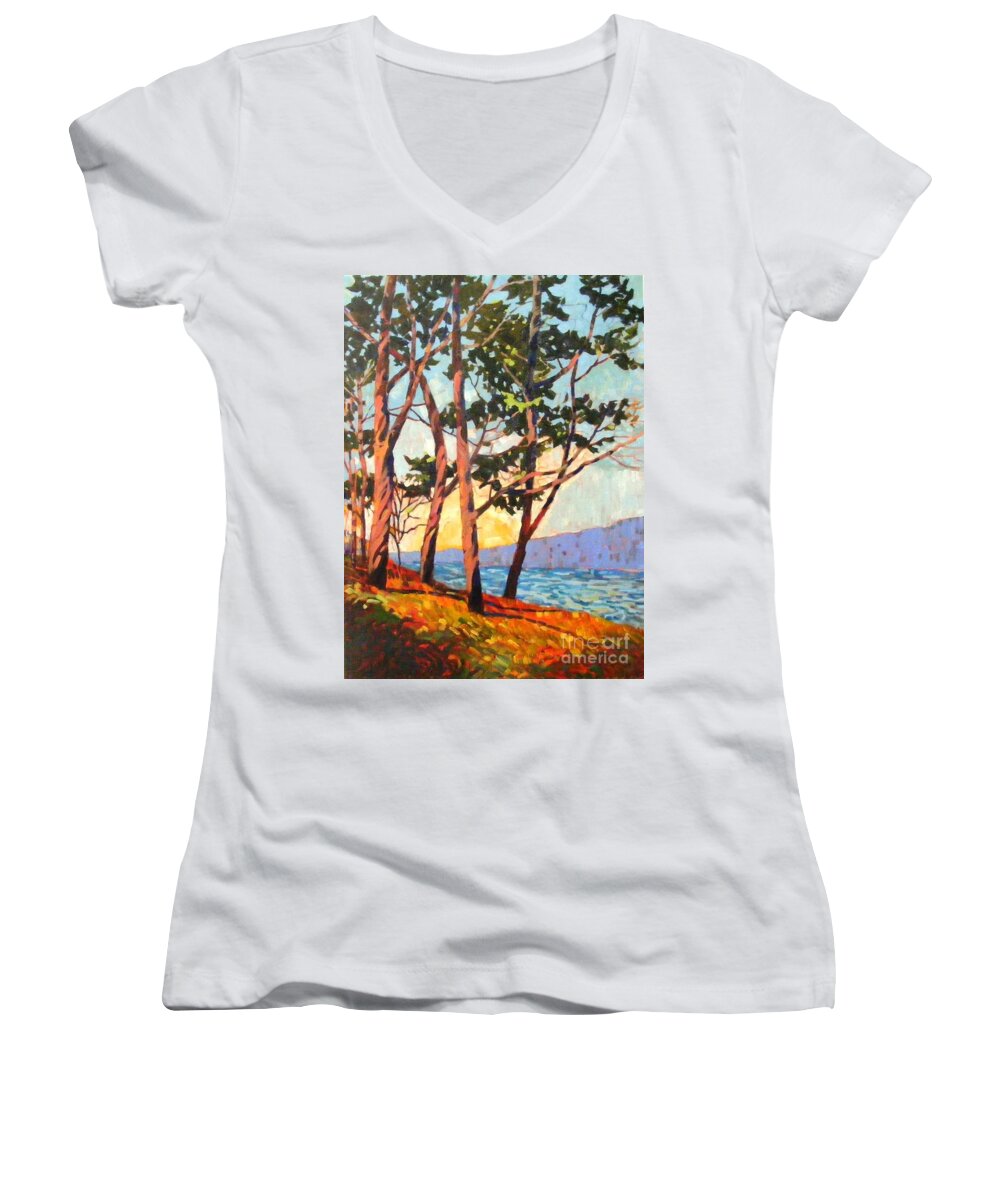 Cypress Women's V-Neck featuring the painting Cypress light by Celine K Yong
