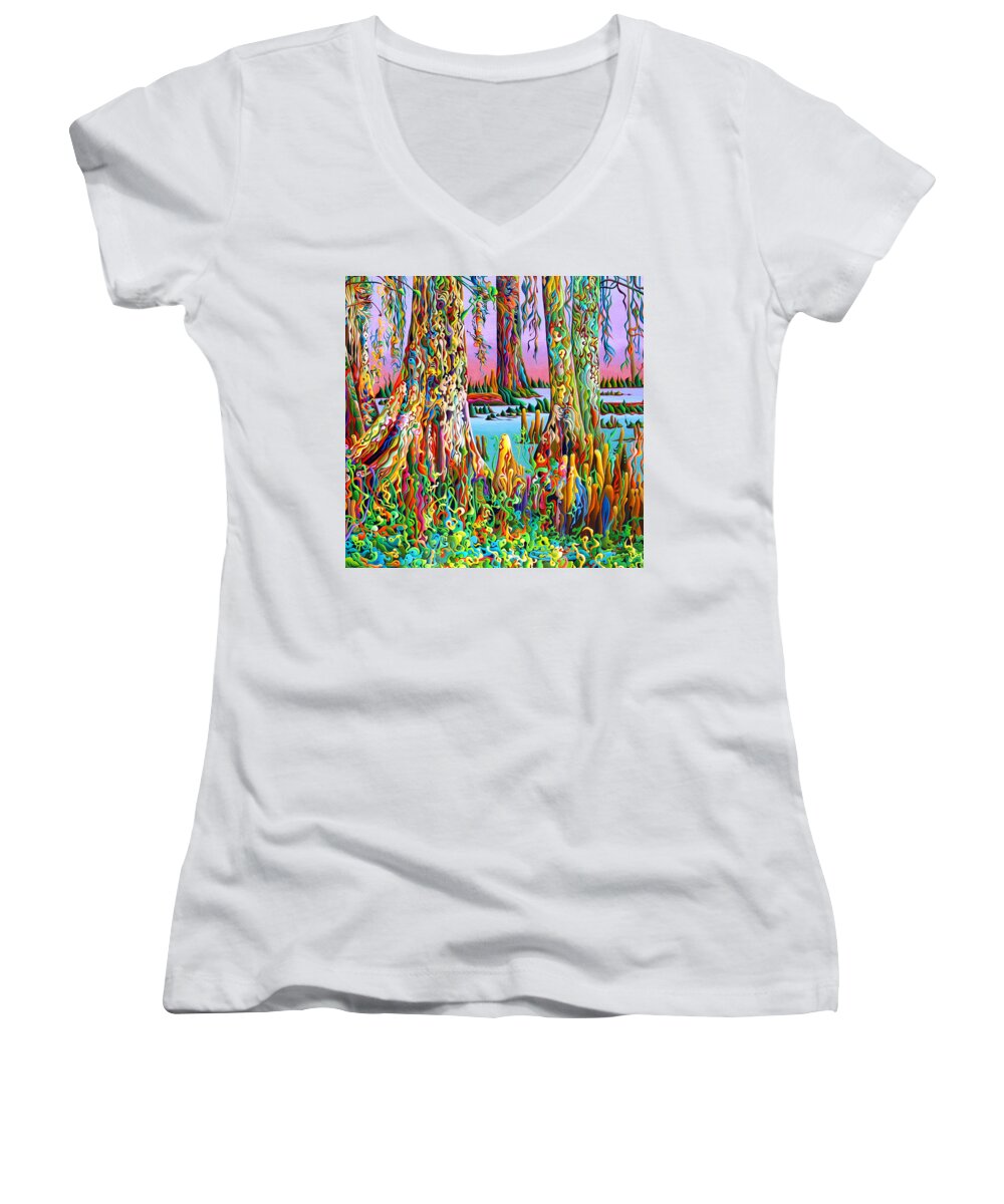 Cypress Women's V-Neck featuring the painting Cypress Spirit Rising by Amy Ferrari