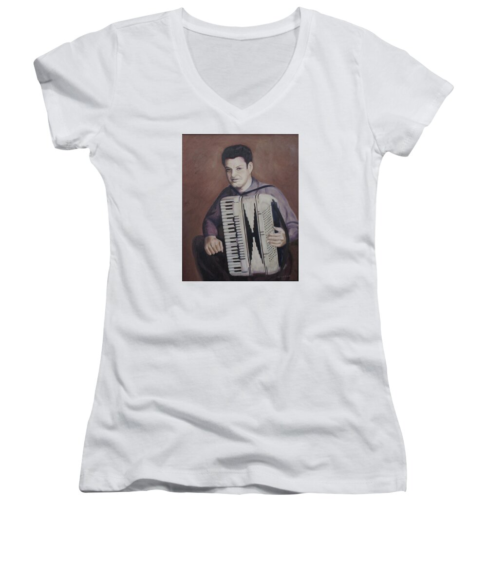 Music Women's V-Neck featuring the painting Daddy and His Accordion by Jill Ciccone Pike