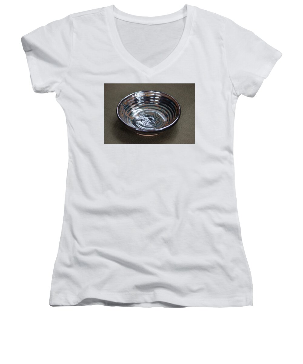 Ceramic Women's V-Neck featuring the ceramic art Dark Brown and Red Ceramic Bowl by Suzanne Gaff