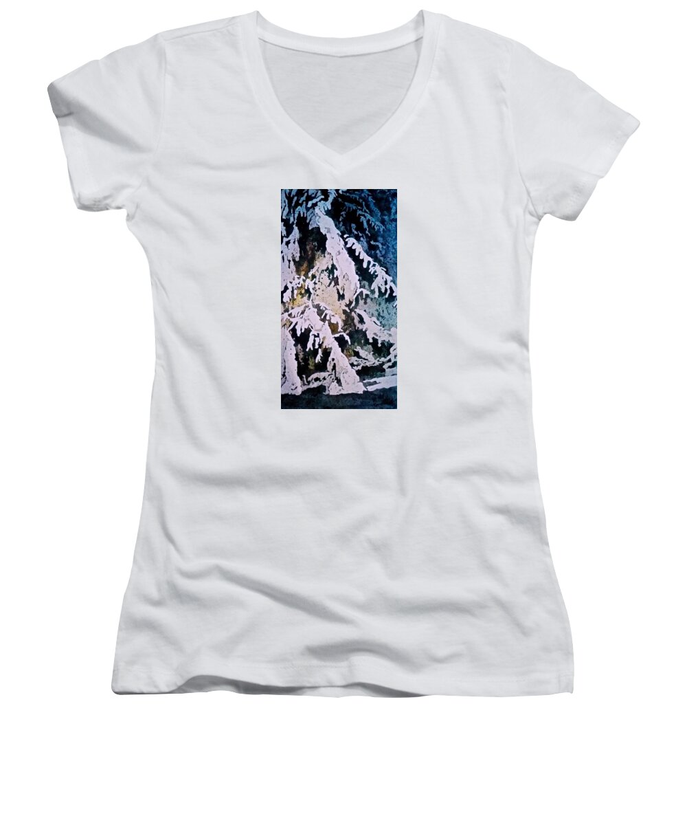 Watercolor Women's V-Neck featuring the painting Dark Cover by Carolyn Rosenberger