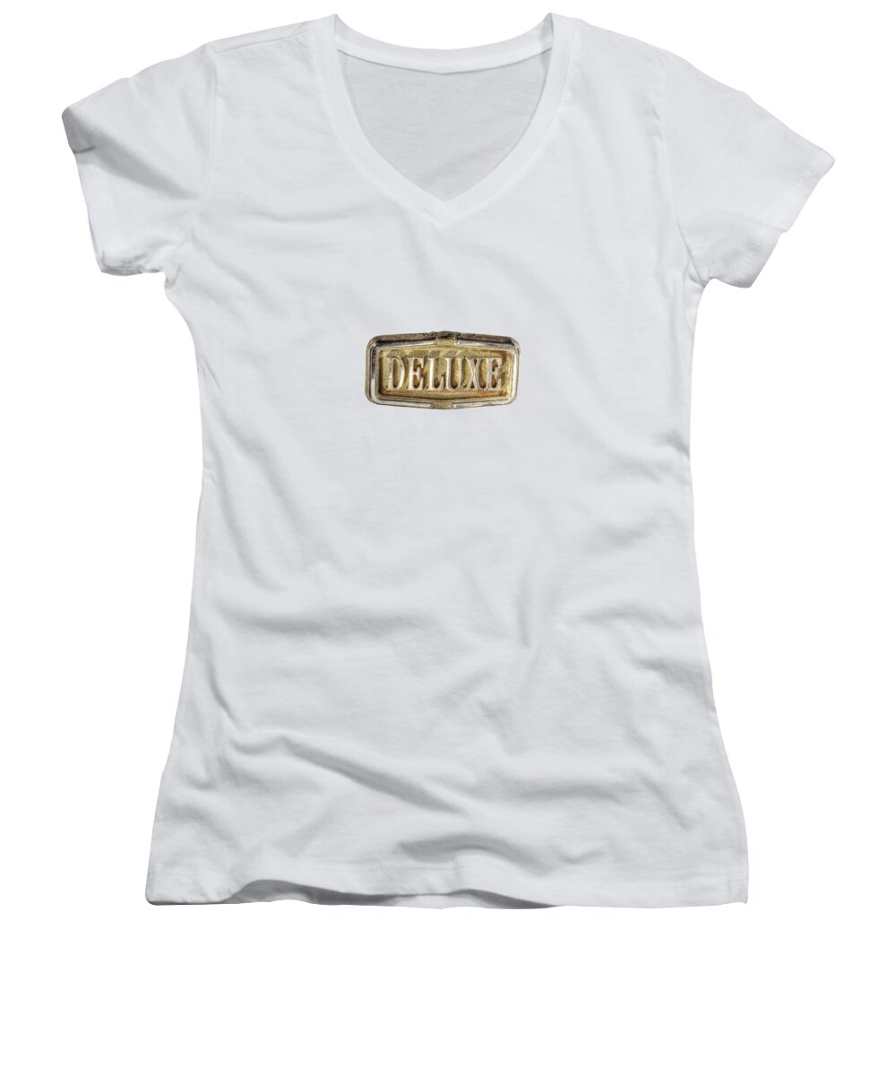 Automotive Women's V-Neck featuring the photograph Deluxe Chrome Emblem by YoPedro