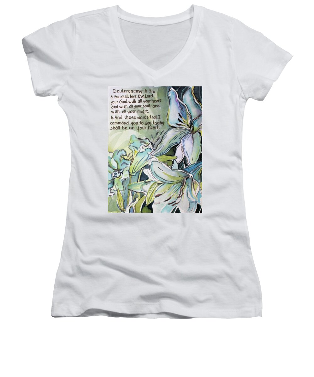 Flower Women's V-Neck featuring the painting Deuteronomy 6 5-6 by Mindy Newman