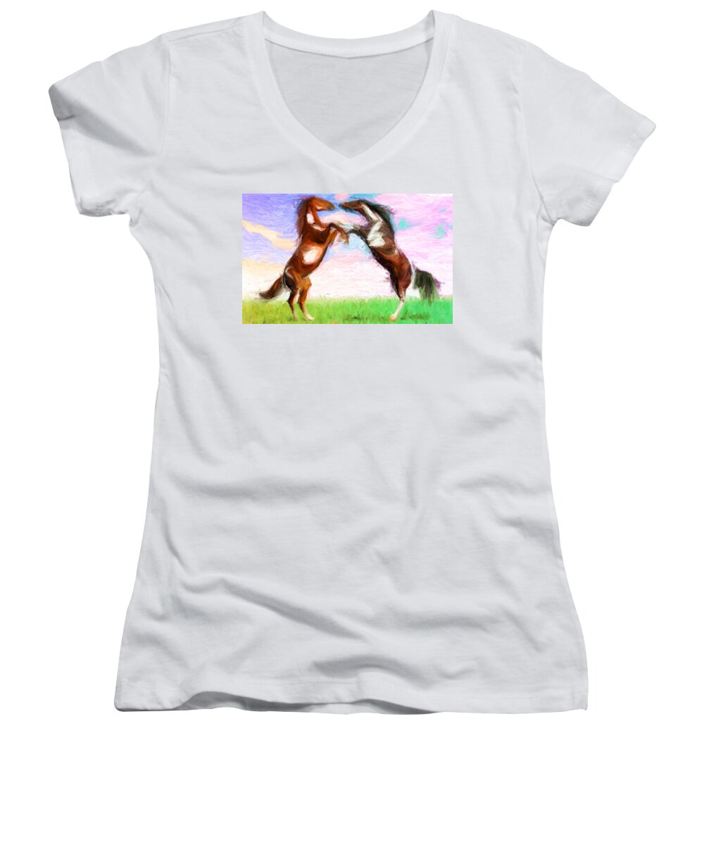 Horse Fight Women's V-Neck featuring the digital art Dispute by Caito Junqueira