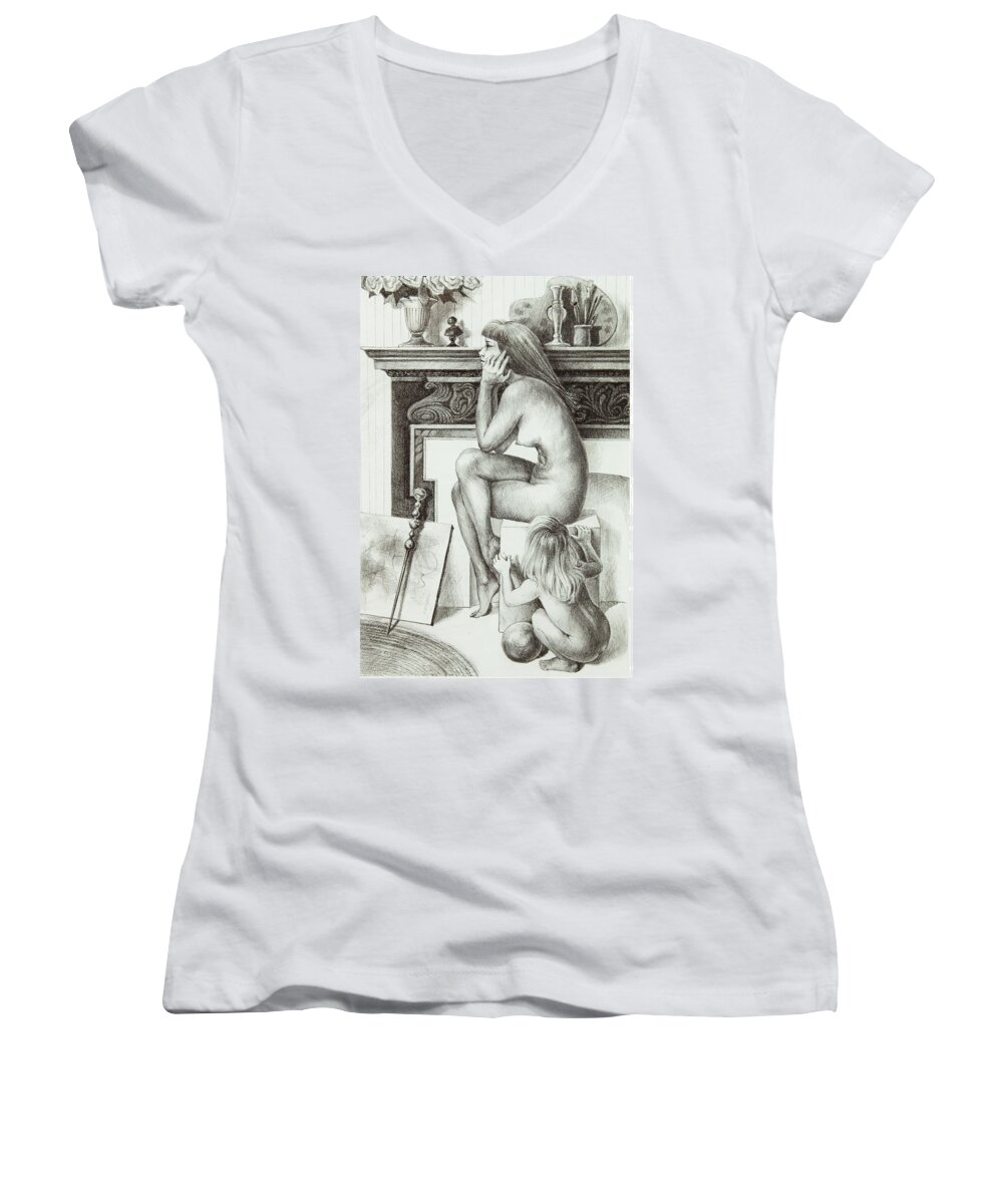 Lithograph Women's V-Neck featuring the drawing Divided Loyalties by Yvonne Wright