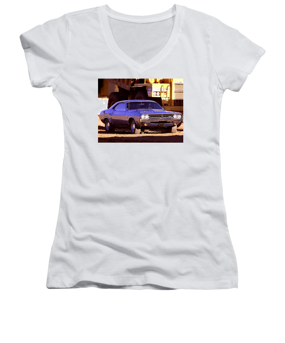 Dodge Challenger Rt Women's V-Neck featuring the photograph Dodge Challenger RT by Jackie Russo