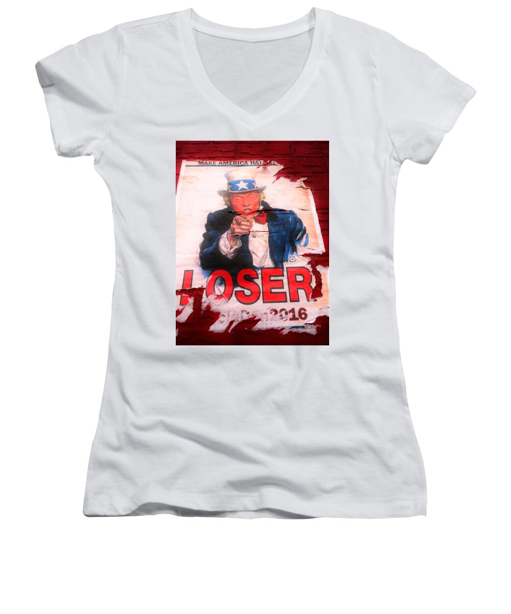 Donald Trump Women's V-Neck featuring the photograph Donald Trump Loser or Winner by Funkpix Photo Hunter
