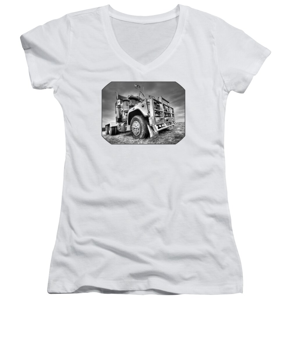 Big Rig Women's V-Neck featuring the photograph Done Hauling - Black and White by Gill Billington