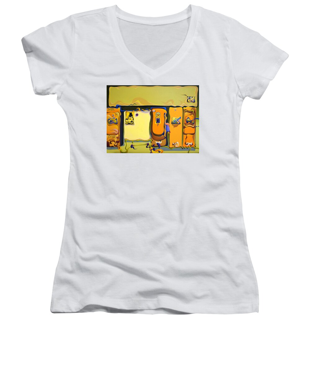 Double Women's V-Neck featuring the painting Double Door Power Play by Amy Ferrari