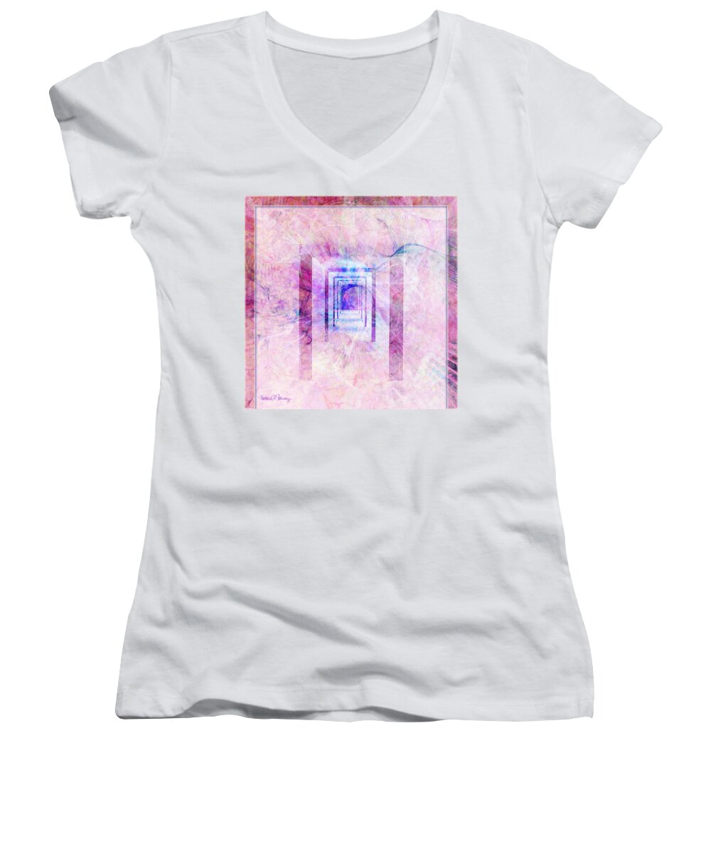 Pink Women's V-Neck featuring the digital art Down the Hall by Barbara Berney